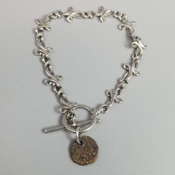 Vintage The Gift Premier Designs Silver Tone Copper Coin Accent Toggle Bracelet - Picture 7 of 7